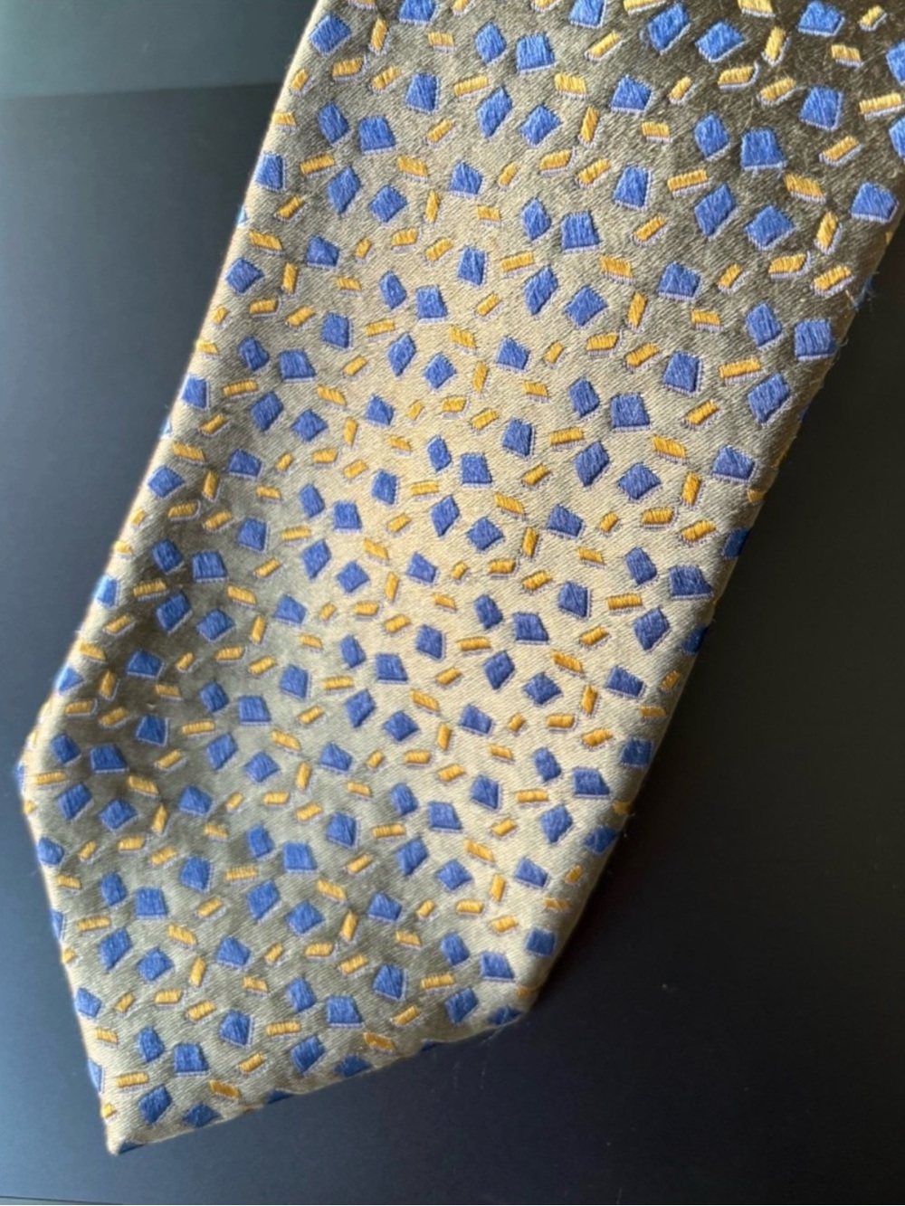 Charvet Place Vendôme Blue & Gold Geometric Silk Tie • Made in France • Luxury